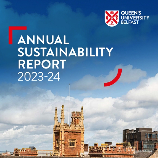 cover detail from Queen's University Belfast's Annual Sustainability Report 2023-24 showing Queen's logo, document title and image of the Lanyon Building